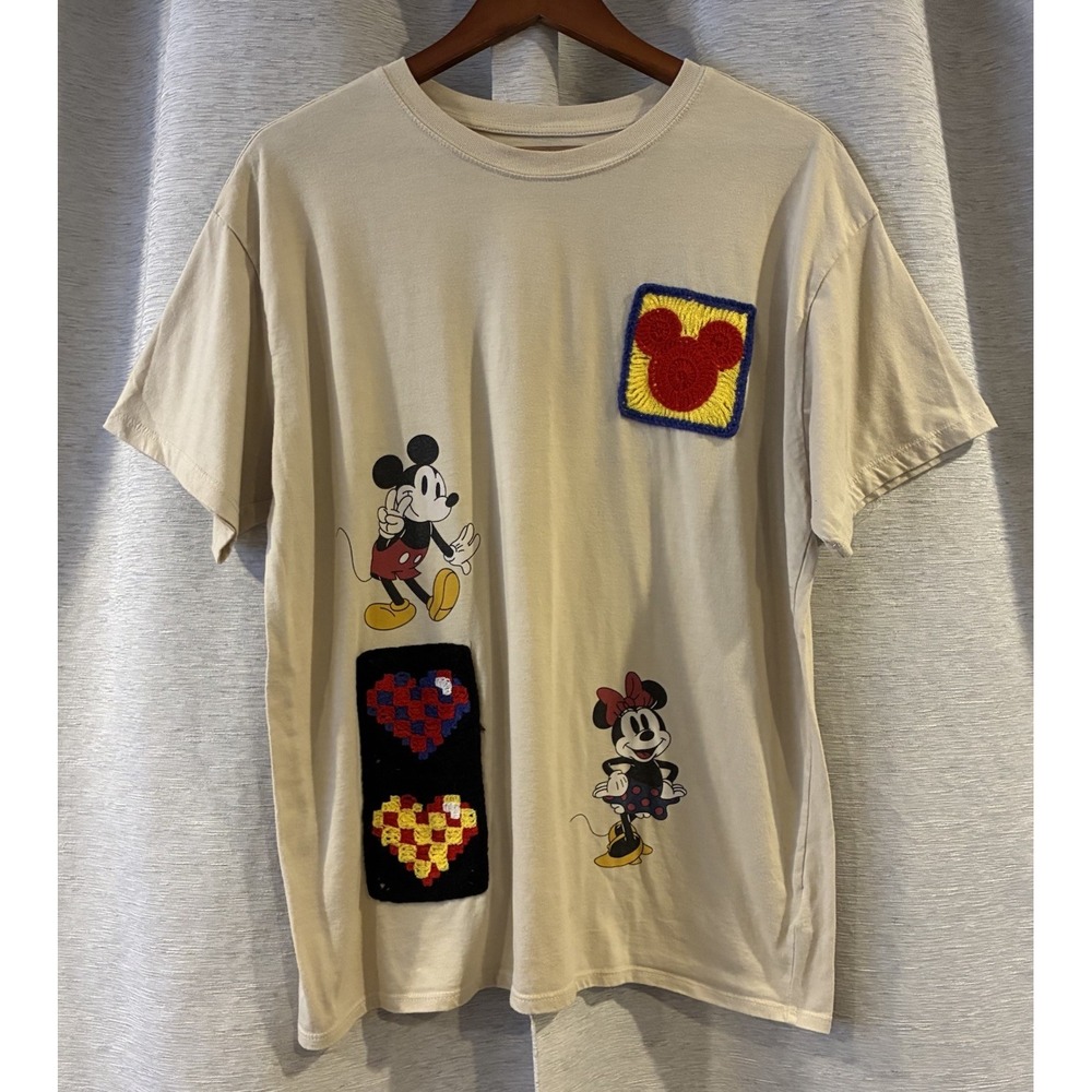 Disney Beige Graphic T-Shirt With Mickey & Minnie Mouse Crochet Patchwork Hearts